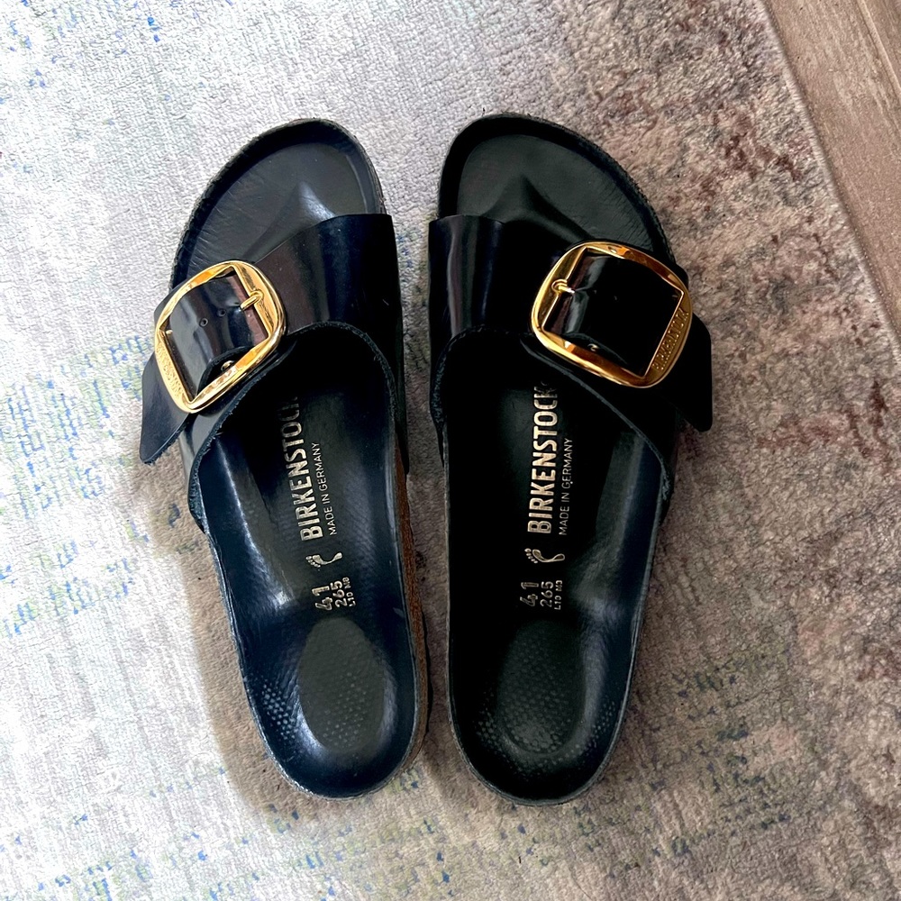 Birkenstock Big Buckle black patent leather slip on